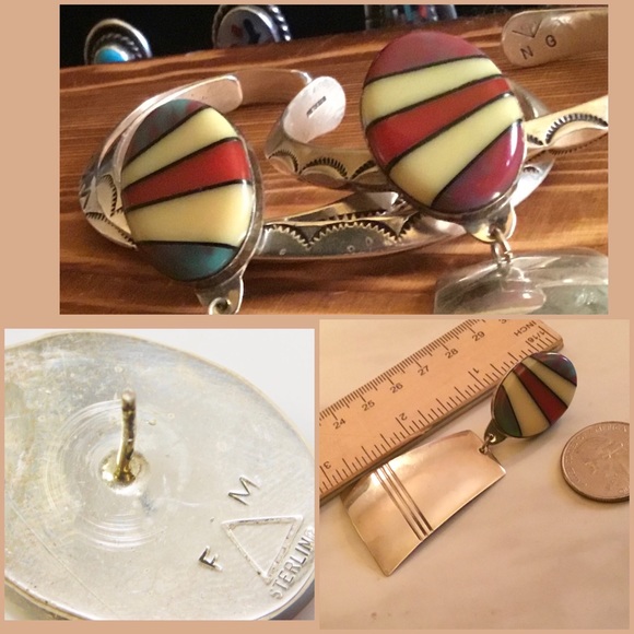 NATIVE AMERICAN TURQUOISE FM STERLING SILVER LARGE STATEMENT EARRINGS - Picture 5 of 8